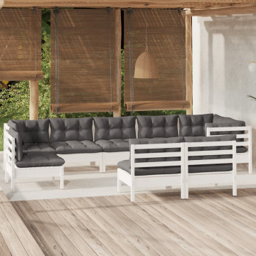 Set mobilier de grădină cu perne, 9 piese, alb, lemn masiv pin - Img 1