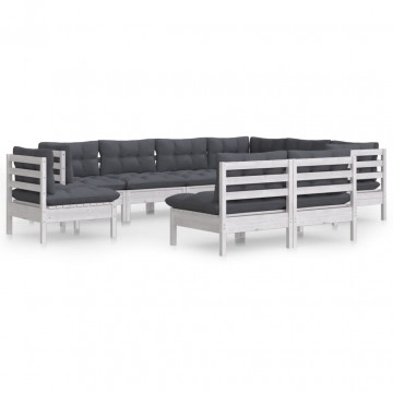 Set mobilier de grădină cu perne, 9 piese, alb, lemn masiv pin - Img 2