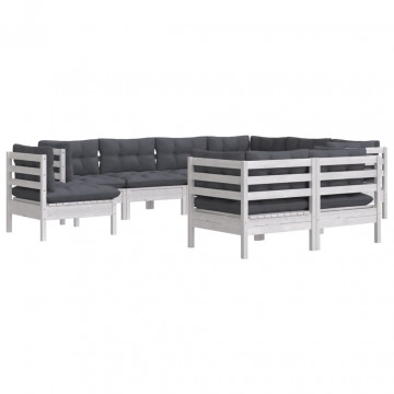 Set mobilier de grădină cu perne, 9 piese, alb, lemn masiv pin - Img 3