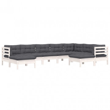 Set mobilier de grădină cu perne, 9 piese, alb, lemn masiv pin - Img 3