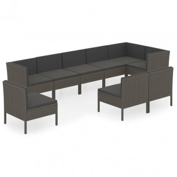 Set mobilier de grădină cu perne, 9 piese, gri, poliratan - Img 2
