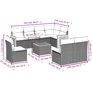 Set mobilier de grădină cu perne, 9 piese, negru, poliratan - Img 3