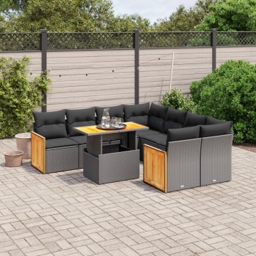 Set mobilier de grădină cu perne, 9 piese, negru, poliratan - Img 1