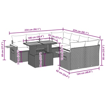 Set mobilier de grădină cu perne, 9 piese, negru, poliratan - Img 3