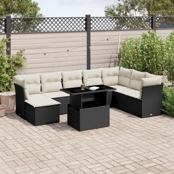 Set mobilier de grădină cu perne, 9 piese, negru, poliratan - Img 1