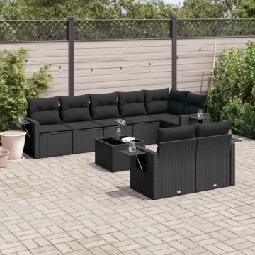 Set mobilier de grădină cu perne, 9 piese, negru, poliratan - Img 1