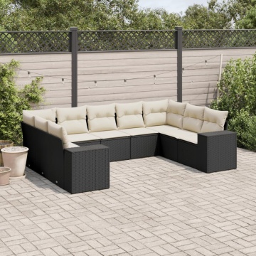 Set mobilier de grădină cu perne, 9 piese, negru, poliratan - Img 1