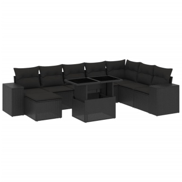 Set mobilier de grădină cu perne, 9 piese, negru, poliratan - Img 2