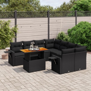 Set mobilier de grădină cu perne, 9 piese, negru, poliratan - Img 1