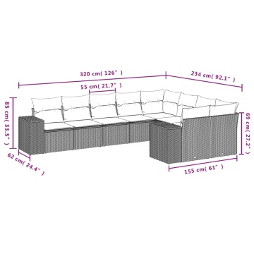 Set mobilier de grădină cu perne, 9 piese, negru, poliratan - Img 6
