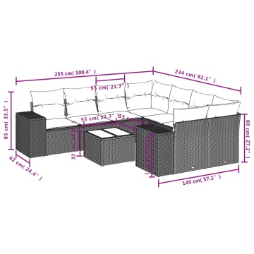 Set mobilier de grădină cu perne, 9 piese, negru, poliratan - Img 7