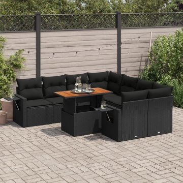 Set mobilier de grădină cu perne, 9 piese, negru, poliratan - Img 1
