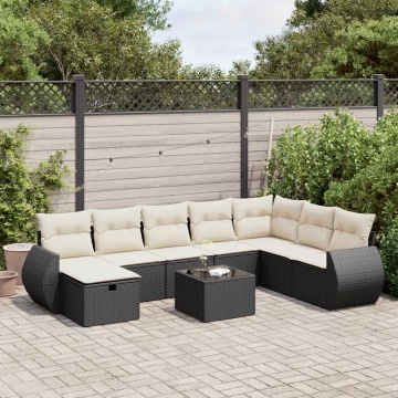 Set mobilier de grădină cu perne, 9 piese, negru, poliratan - Img 1