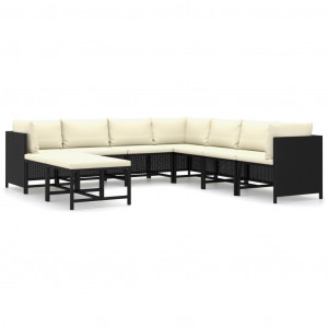 Set mobilier de grădină cu perne, 9 piese, negru, poliratan - Img 1