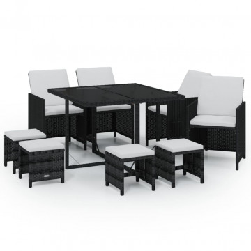 Set mobilier de grădină cu perne, 9 piese, negru, poliratan - Img 2