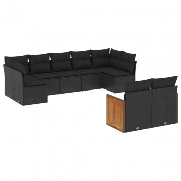 Set mobilier de grădină cu perne, 9 piese, negru, poliratan - Img 2