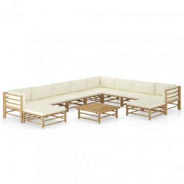 Set mobilier de grădină, cu perne alb crem, 11 piese, bambus - Img 1