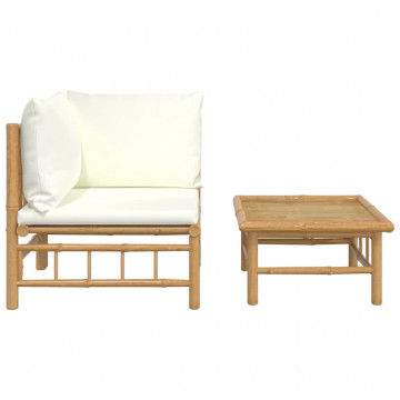 Set mobilier de grădină cu perne alb crem, 2 piese, bambus - Img 3