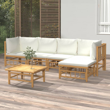 Set mobilier de grădină cu perne alb crem, 6 piese, bambus - Img 1
