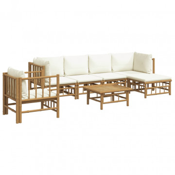 Set mobilier de grădină cu perne alb crem, 7 piese, bambus - Img 3