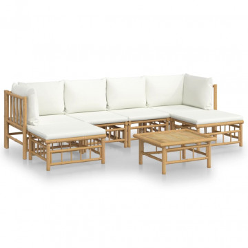 Set mobilier de grădină cu perne alb crem, 7 piese, bambus - Img 2