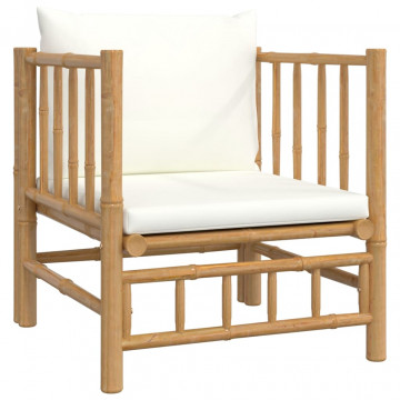Set mobilier de grădină cu perne alb crem, 7 piese, bambus - Img 5