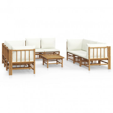 Set mobilier de grădină, cu perne alb crem, 9 piese, bambus - Img 2