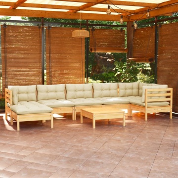Set mobilier de grădină cu perne crem, 8 piese, lemn masiv pin - Img 1