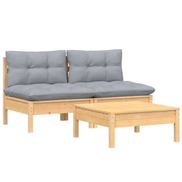 Set mobilier de grădină cu perne gri, 3 piese, lemn de pin - Img 3