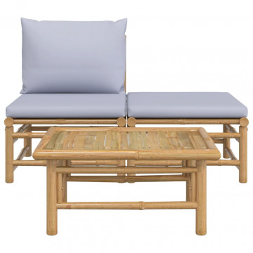 Set mobilier de grădină cu perne gri deschis, 3 piese, bambus - Img 3
