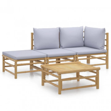 Set mobilier de grădină cu perne gri deschis, 4 piese, bambus - Img 2