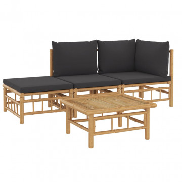 Set mobilier de grădină cu perne gri închis, 4 piese, bambus - Img 3