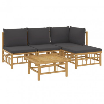 Set mobilier de grădină cu perne gri închis, 5 piese, bambus - Img 3