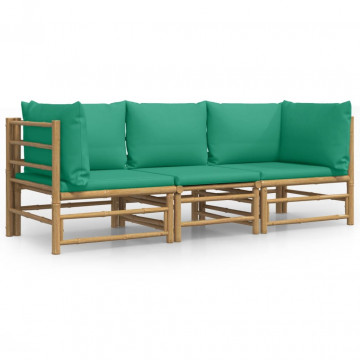 Set mobilier de grădină cu perne verzi, 3 piese, bambus - Img 2