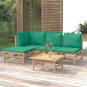 Set mobilier de grădină cu perne verzi, 5 piese, bambus - Img 1