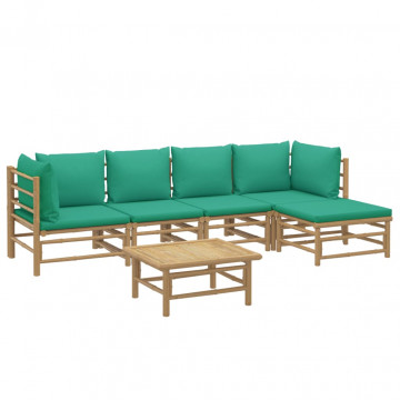 Set mobilier de grădină cu perne verzi, 6 piese, bambus - Img 3