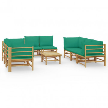 Set mobilier de grădină cu perne verzi, 9 piese, bambus - Img 2