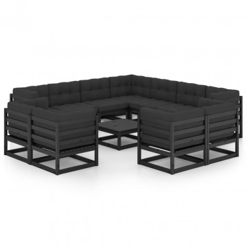 Set mobilier de grădină cu perne12 piese, negru, lemn masiv pin - Img 2