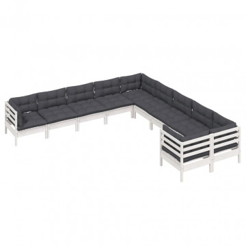Set mobilier grădină cu perne, 10 piese, alb, lemn de pin - Img 3