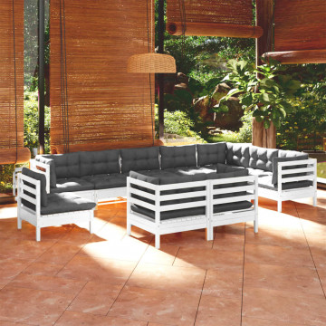 Set mobilier grădină cu perne, 10 piese, alb, lemn masiv de pin - Img 1