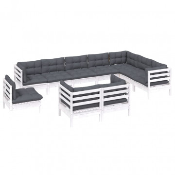 Set mobilier grădină cu perne, 10 piese, alb, lemn masiv de pin - Img 3