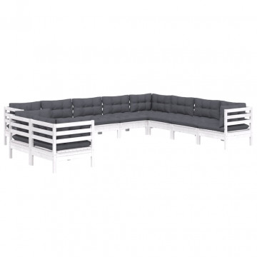 Set mobilier grădină cu perne, 10 piese, alb, lemn masiv de pin - Img 3