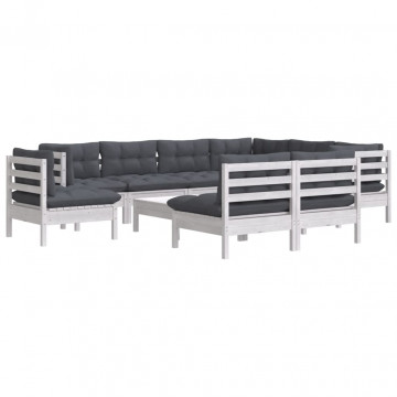 Set mobilier grădină cu perne, 10 piese, alb, lemn masiv pin - Img 3