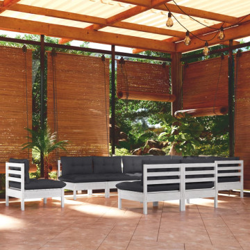 Set mobilier grădină cu perne, 10 piese, alb, lemn masiv pin - Img 1