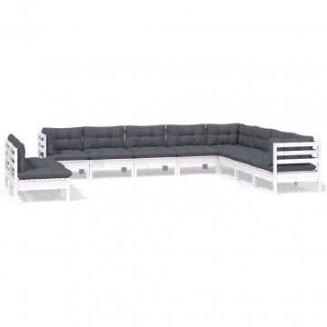 Set mobilier grădină cu perne, 10 piese, alb, lemn masiv pin - Img 2