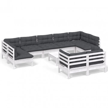 Set mobilier grădină cu perne, 10 piese, alb, lemn masiv pin - Img 2