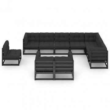 Set mobilier grădină cu perne, 10 piese, negru, lemn masiv pin - Img 2