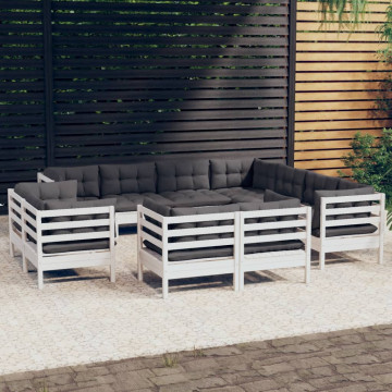 Set mobilier grădină cu perne, 11 piese, alb, lemn masiv pin - Img 1