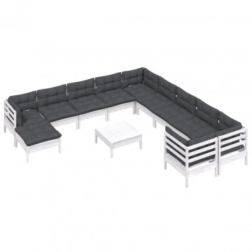 Set mobilier grădină cu perne, 12 piese, alb, lemn de pin - Img 3