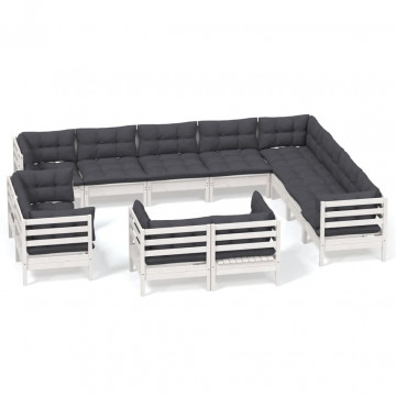 Set mobilier grădină cu perne, 12 piese, alb, lemn masiv pin - Img 2